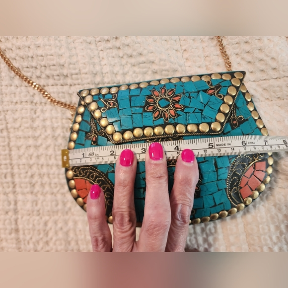 Ramla Handmade Turquoise Mosaic Floral Purse with Gold Chain Strap Southwestern - Picture 10 of 11